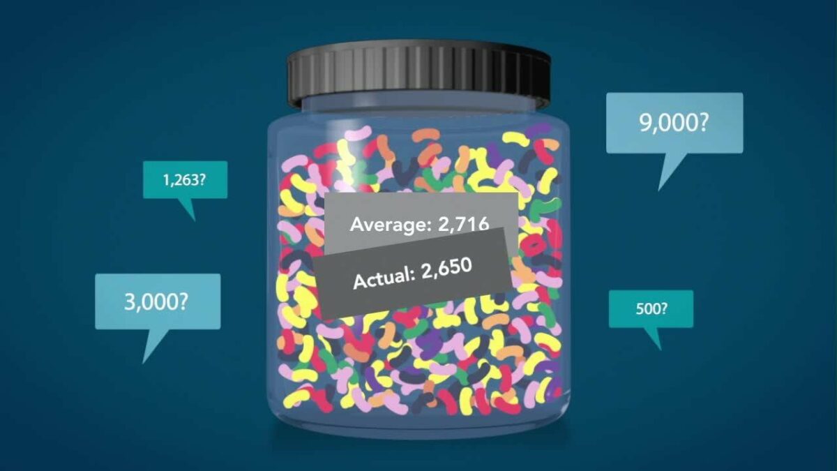 Jar with colored items showing average vs actual counts